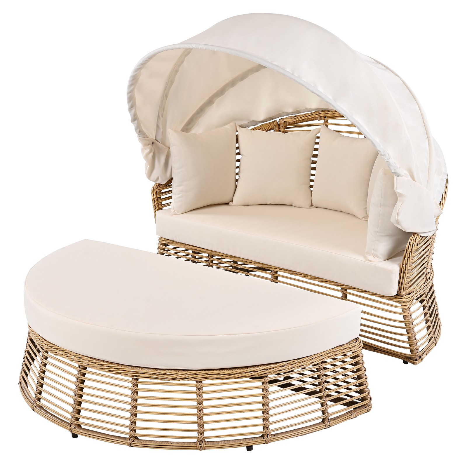 Outdoor Rattan Round Daybed with Retractable Canopy Wicker Patio Sofa Beige