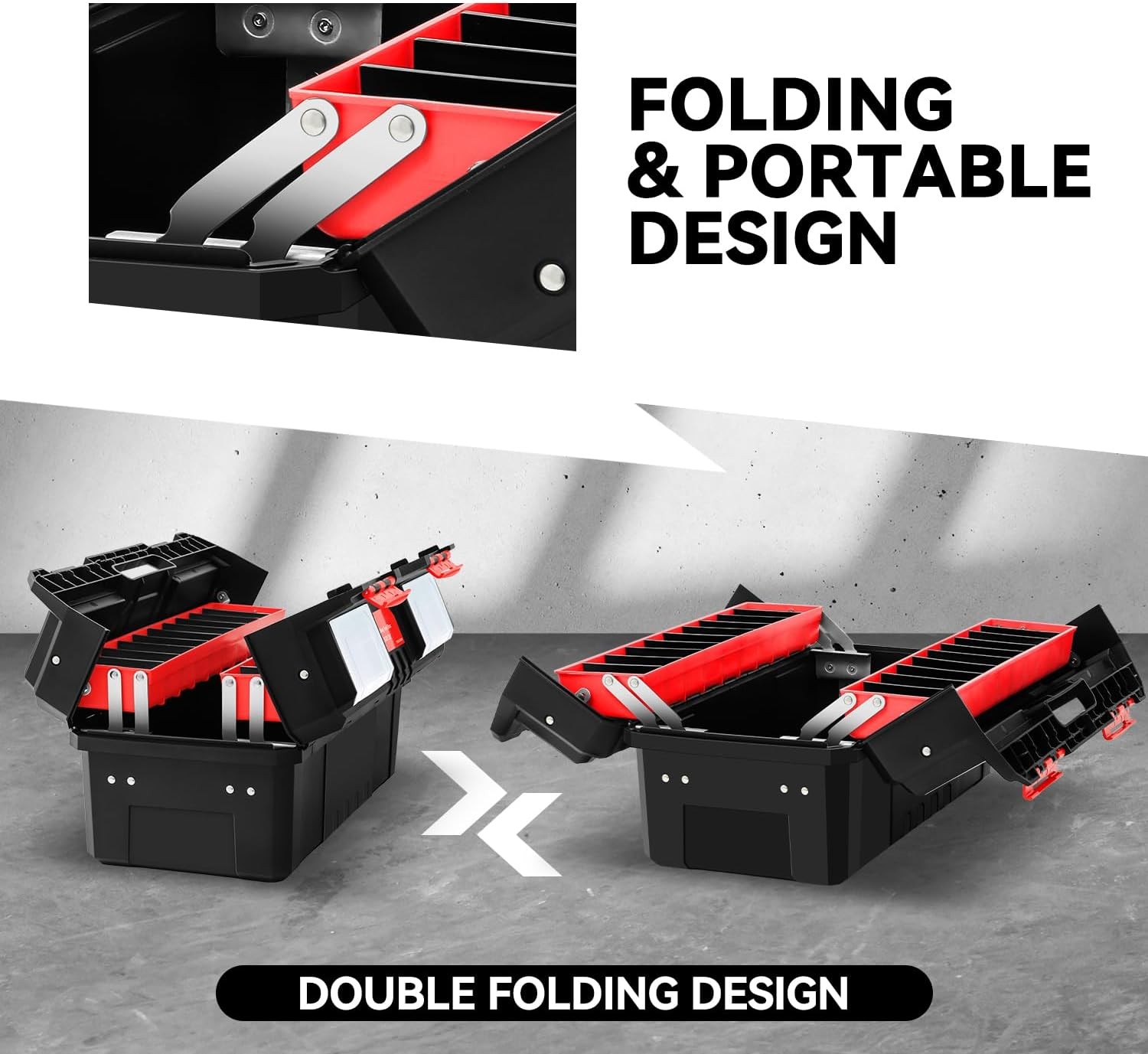 Tool Box Set Portable 2-layer Folding Toolbox W/ Non-slip Handle Tray Garage