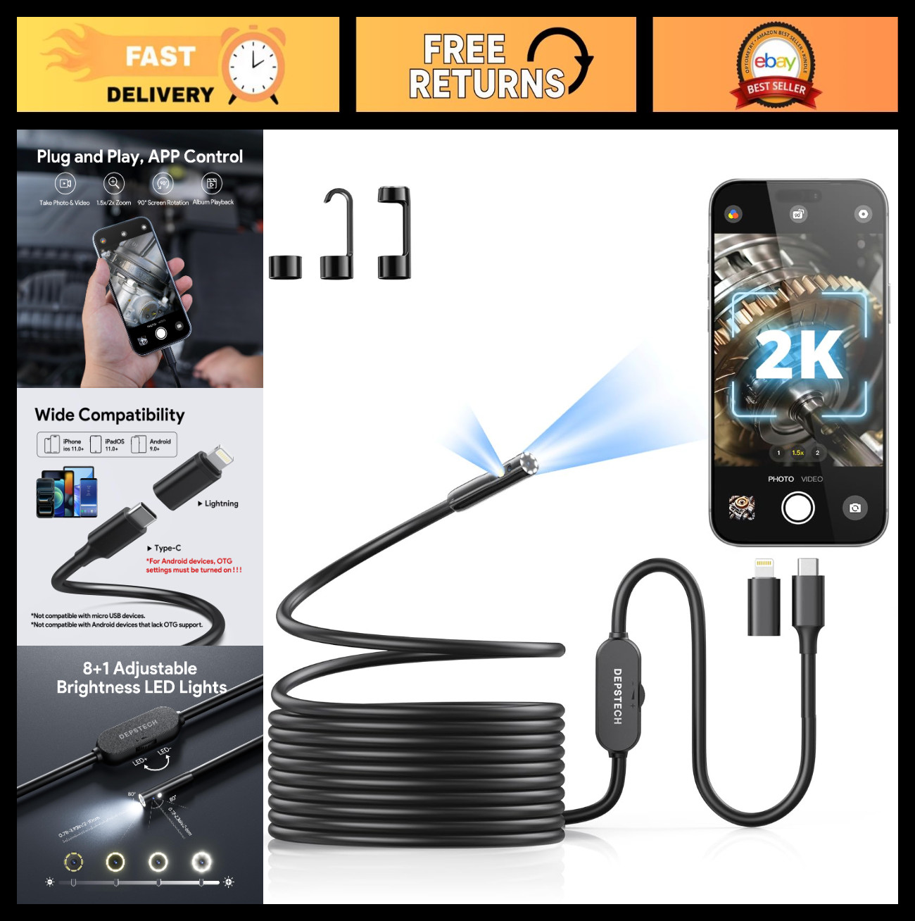 2K Dual Lens Endoscope Camera with Light, 2560P Borescope for iPhone & Android,