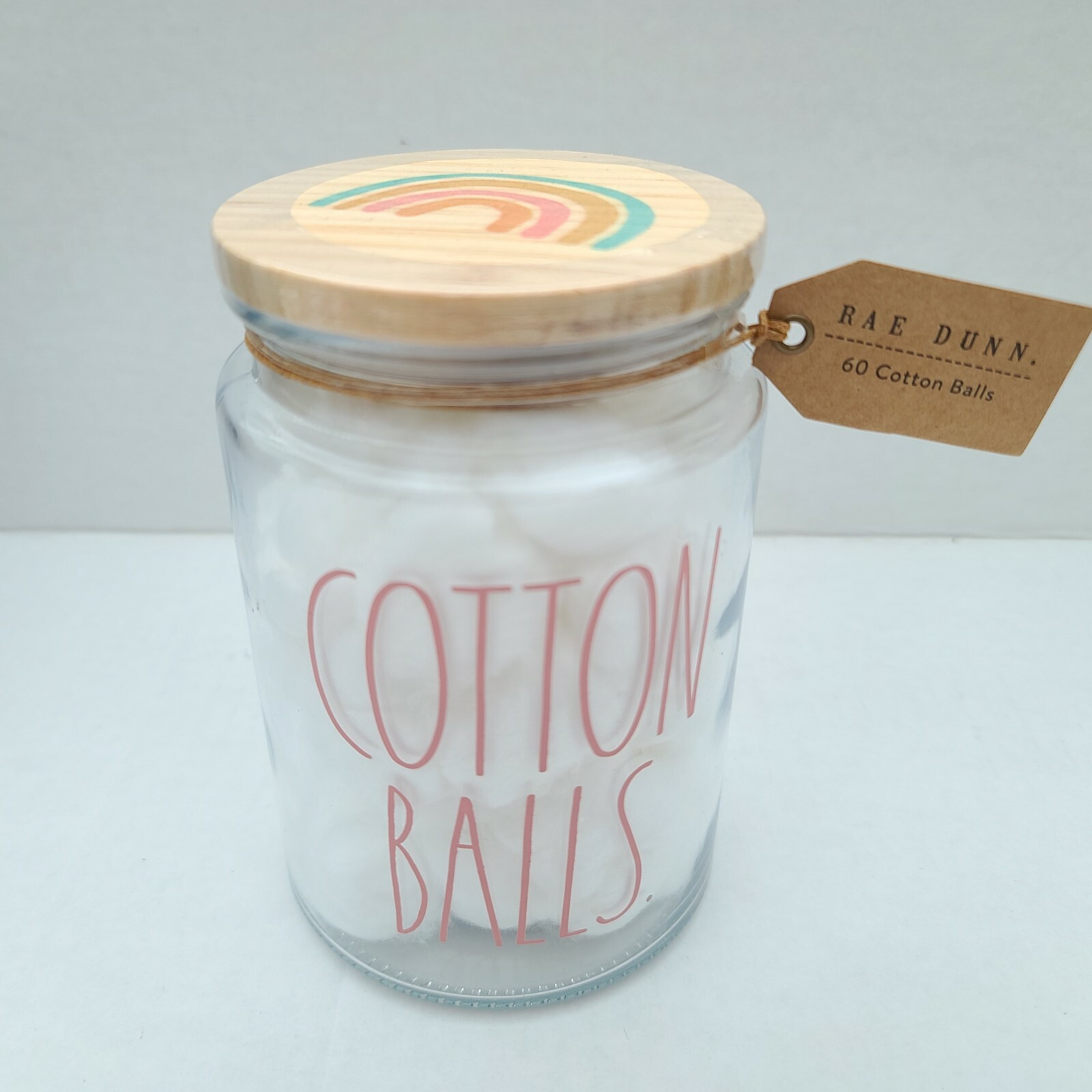 Rae Dunn Glass Jar/Canister Rainbow Lid Cotton Balls With 60 Cotton Balls NEW