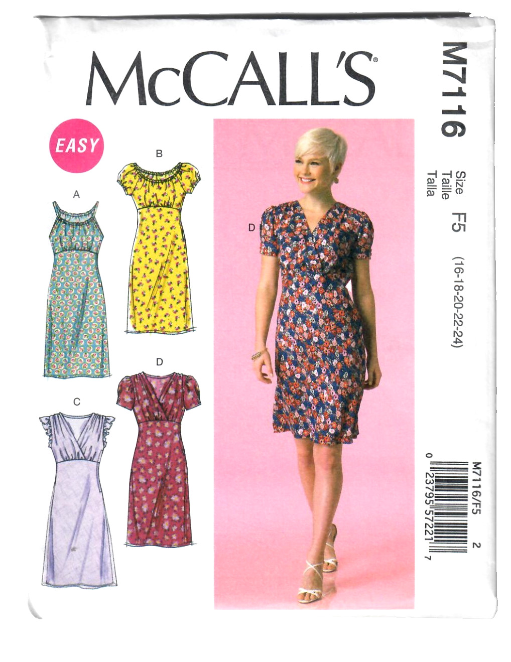 McCall's M7116 Sewing Pattern Misses Pullover Semi-Fitted Dresses 4 Styles 16-24