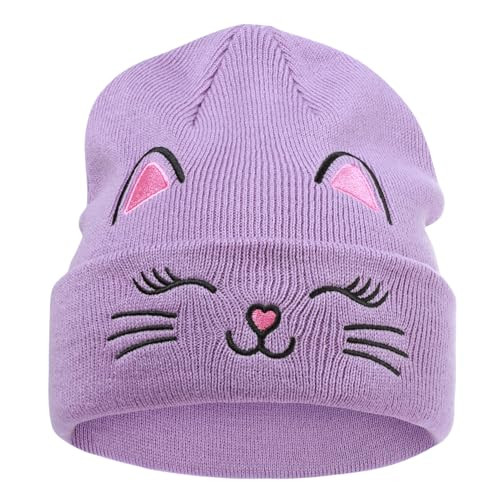 Kids Gils Cat Beanies Cute Embroidery Hats Winter Embroidered Cat-purple