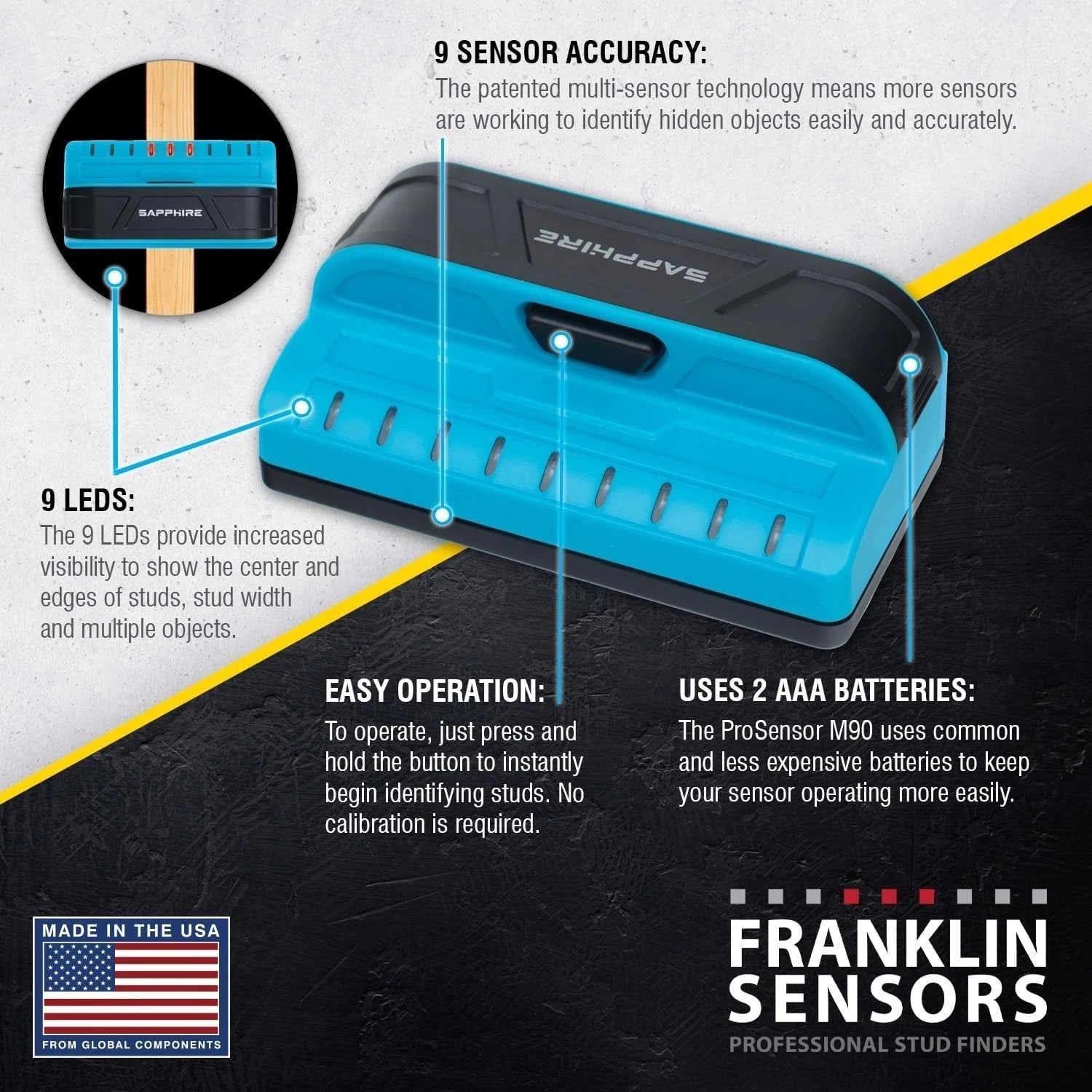 Sapphire 9000 Stud Finder: 1.5" Deep Scan with 9-Sensor Precision Technology