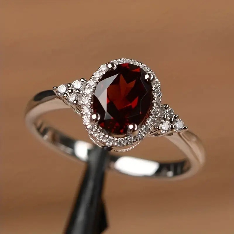 925 Sterling Silver Red Garnet White Topaz Charm Wedding Engagement Ring Size 8