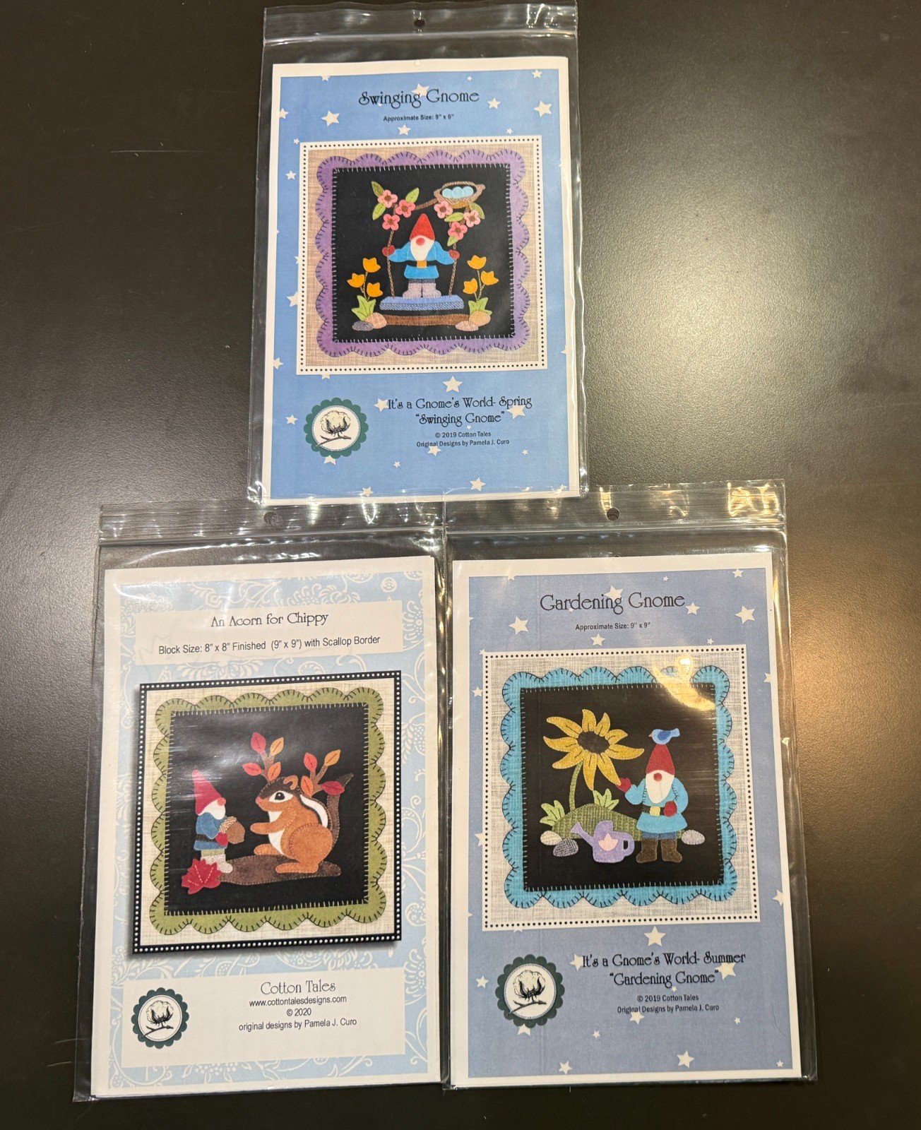 Bundle of 3 wool applique gnome patterns from our closed quilt shop