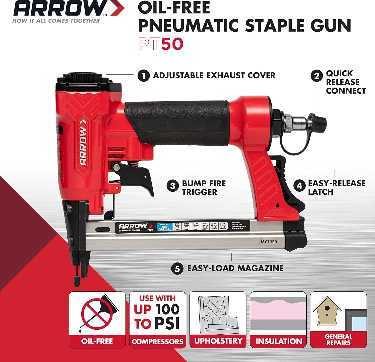 Professional Arrow PT50 Pneumatic Staple Gun - Quick, Safety-Driven Stapling