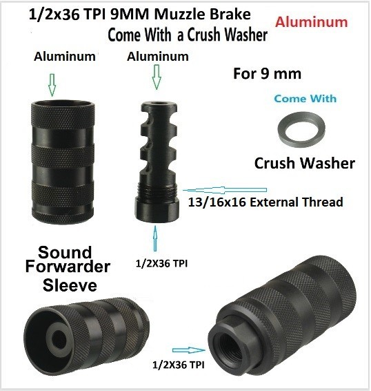 9mm Aluminum Muzzle Brake 1/2X36 TPI W Knurled Forwarder 13/16-16 W Crush Washer