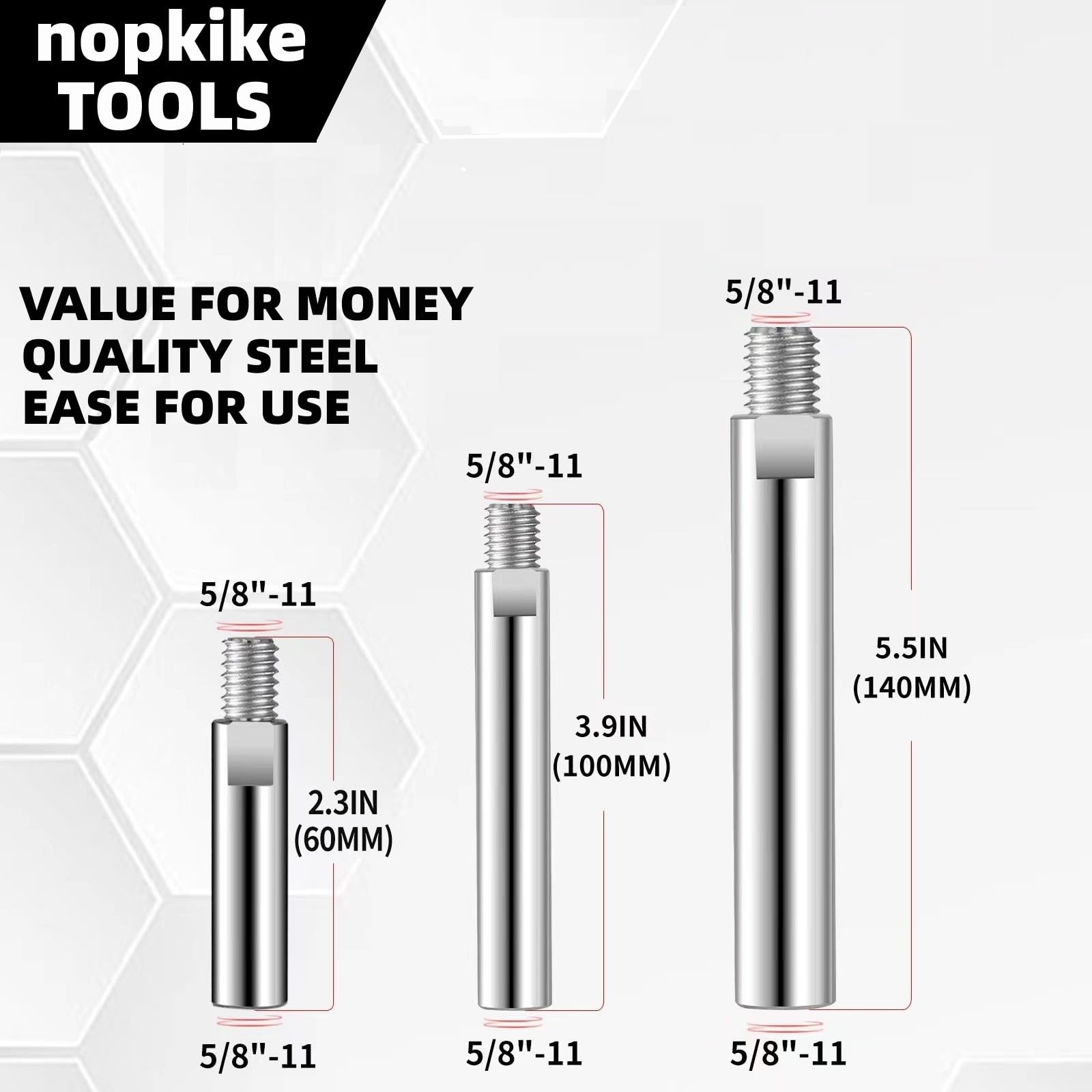 5/8"-11 Angle Grinder Extension Shaft Connecting Rod 3PCS，Compatible Silver