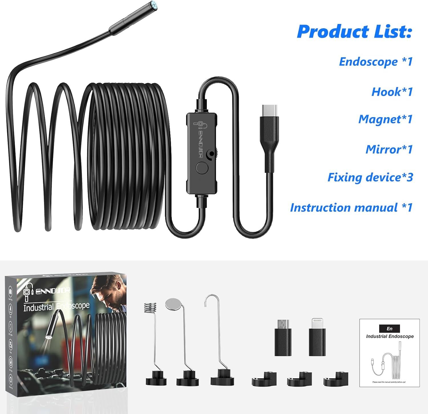 New Endoscope Camera with Light, 1920P HD Borescope Camera 8 LED Lights 16.4ft