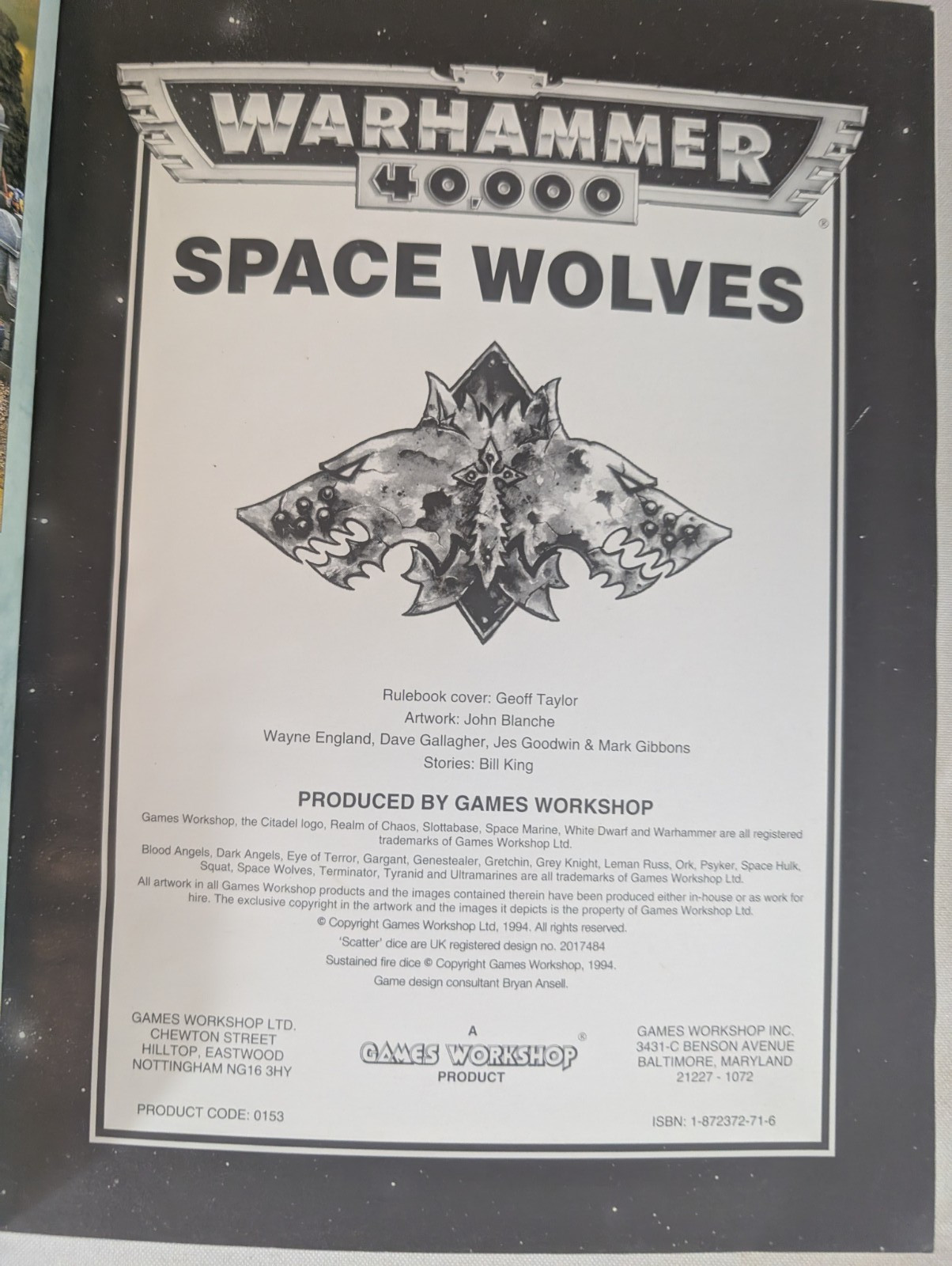 Warhammer 40k Space Wolves Codex Original 1994 Games Workshop EXC