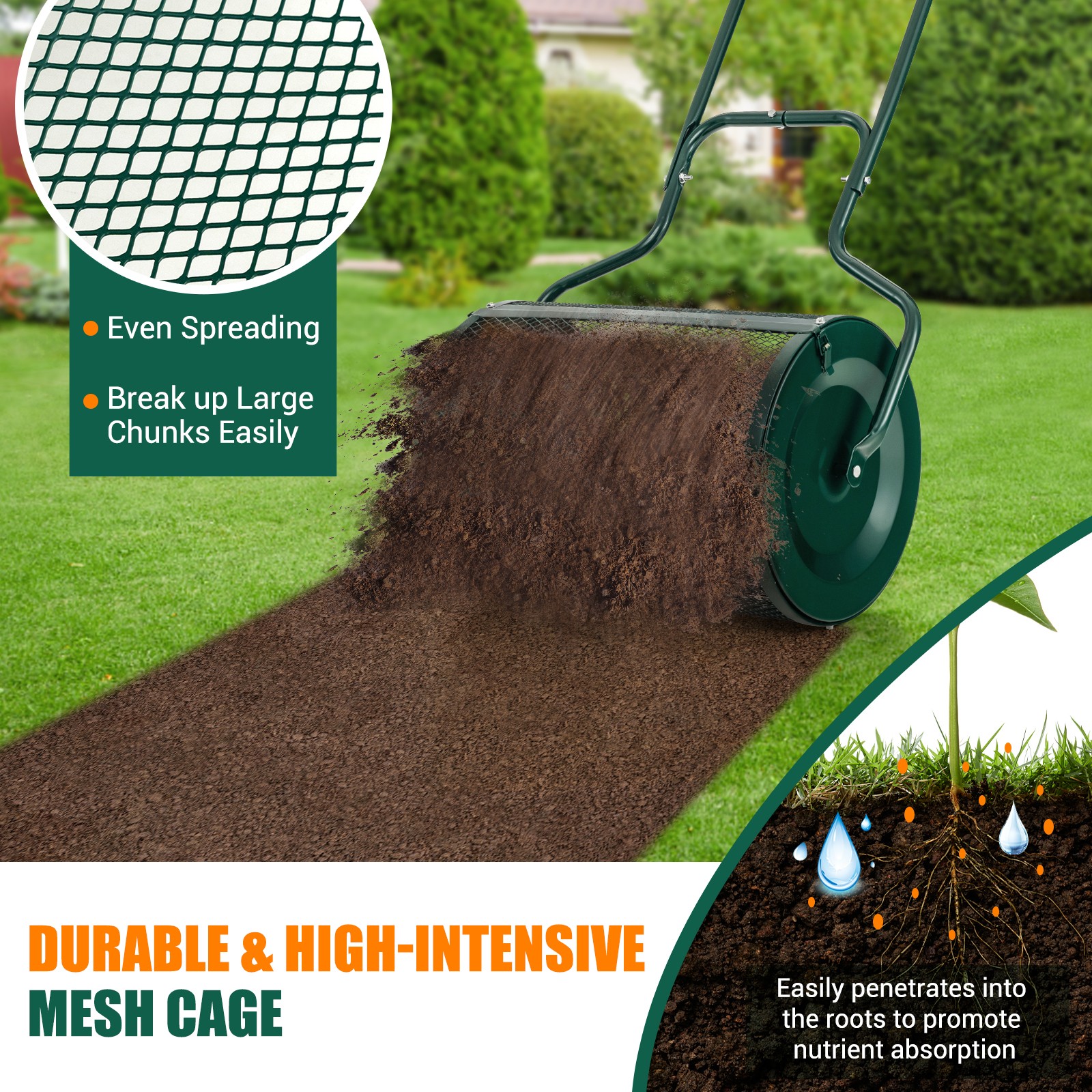 24" Peat Moss Spreader Compost Spreader w/ Upgrade Side Latches & U-shape Handle