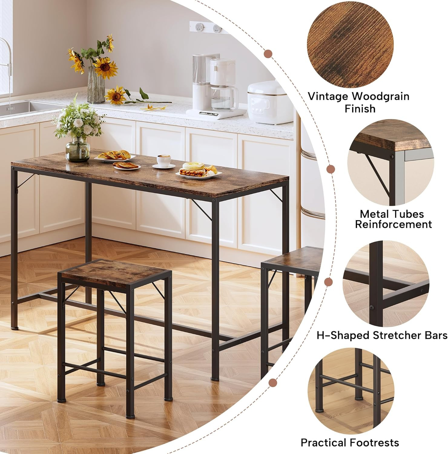 Bar Table and Chairs Set, Bar Table with 2 Stools, Space-Saving Dining Pub Set f