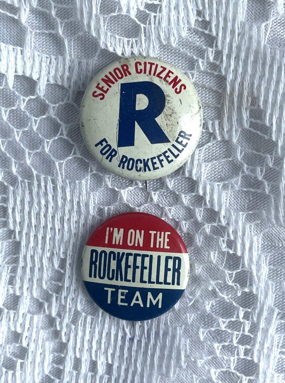 TWO ROCKEFELLER CAMPAIGN BUTTON PINS SENIOR CITIZENS & I'M ON TEAM
