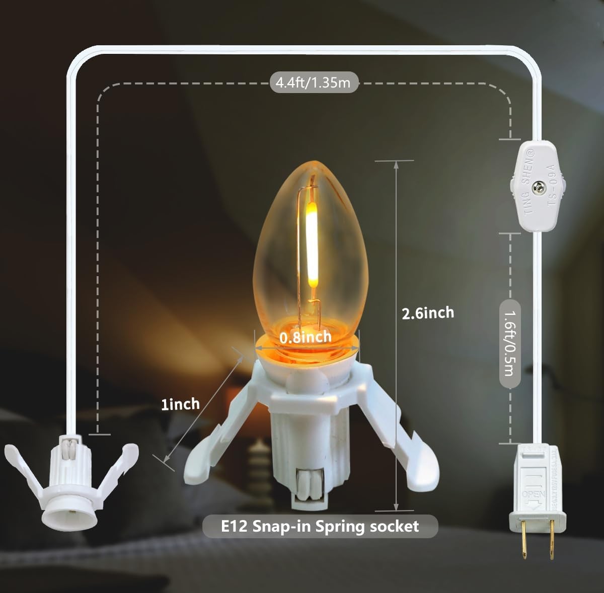 4 Pack Accessory Cord with LED Night Light Bulbs - White Cord with On/Off Switch
