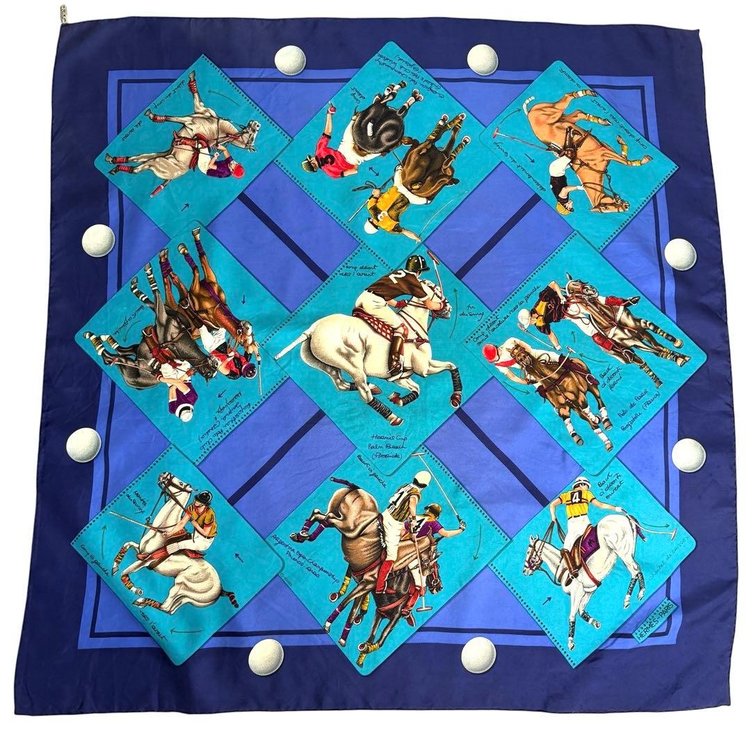 Rare/ Hermes Carre 90 Polo World Large Scarf Blue Horse