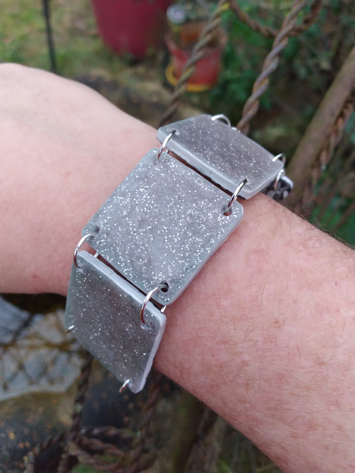 Handcrafted Reversible Polymer Clay Resin Silver Bracelet Black Gray White
