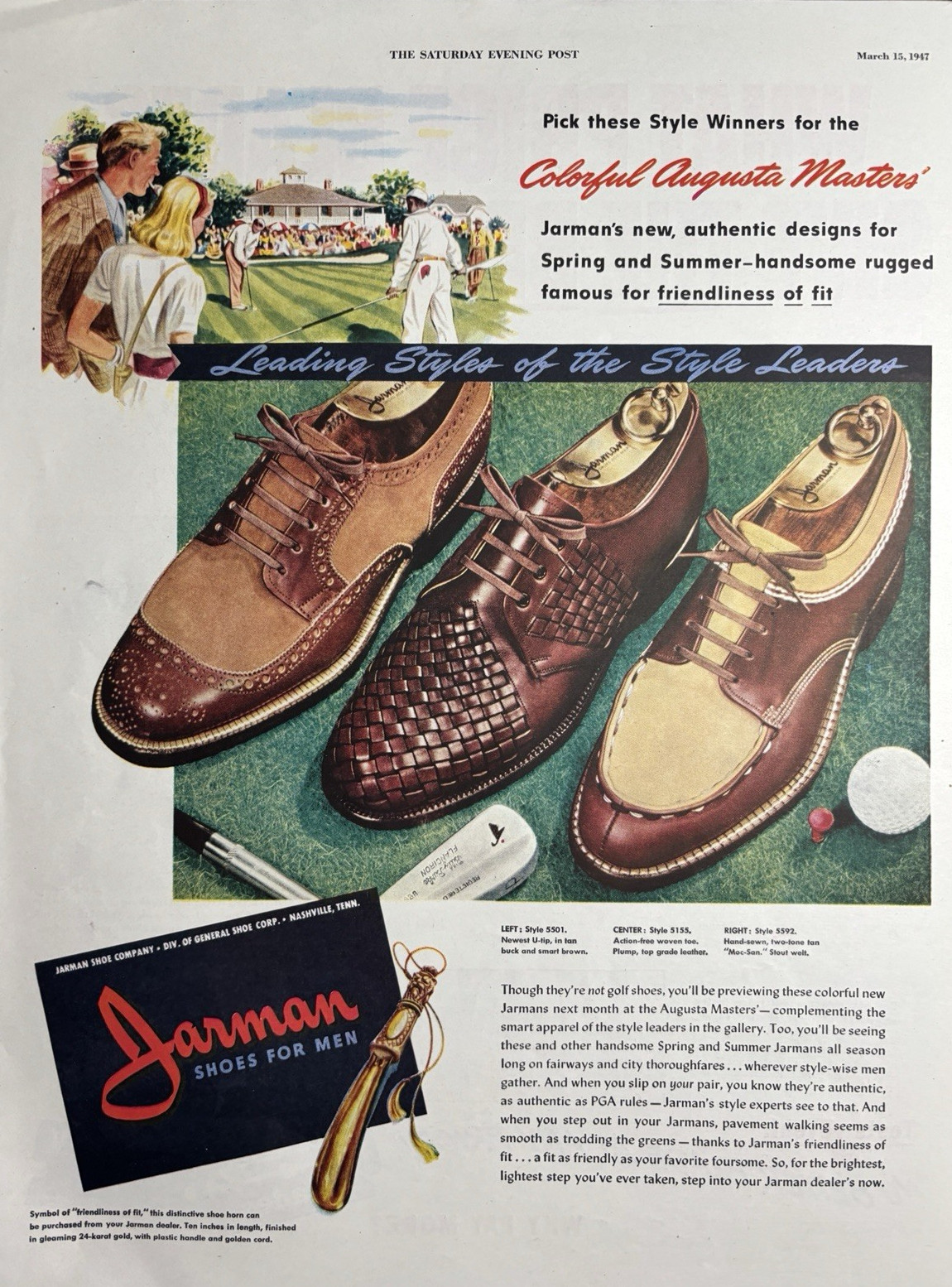 1947 Jarman Shoes For Men Nashville Tenn Augusta Masters Styles Vintage Print Ad