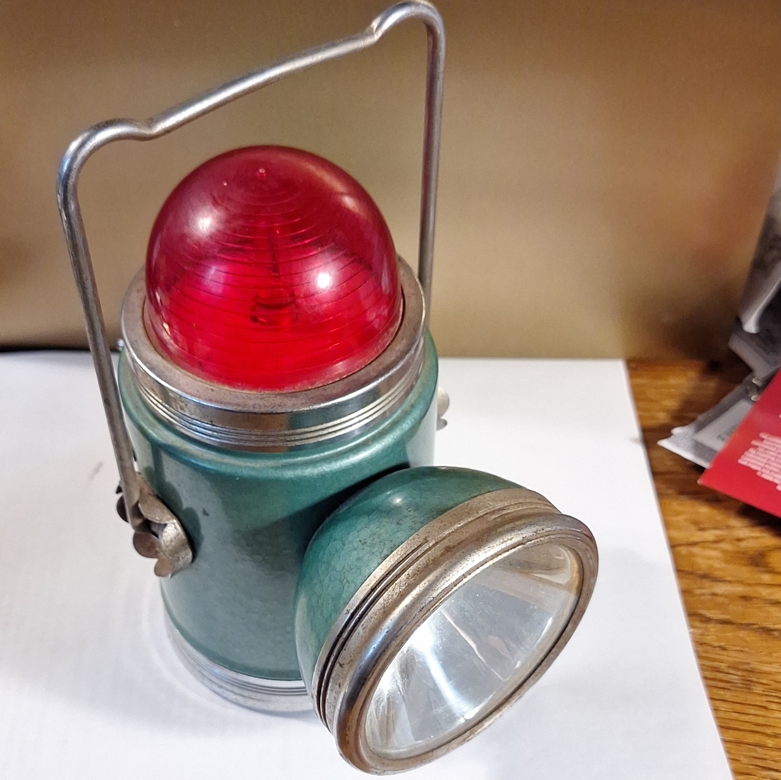 Green Metal Battery Lantern w/ Red Globe and Side Spotlight, Handheld