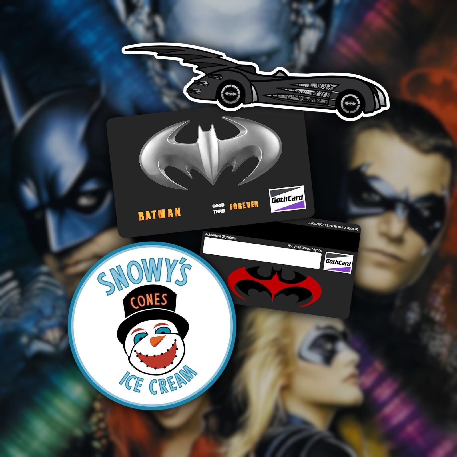 Batman And Robin (1997) Goth Card Prop Replica + Snowys Cone & Batmobile Sticker