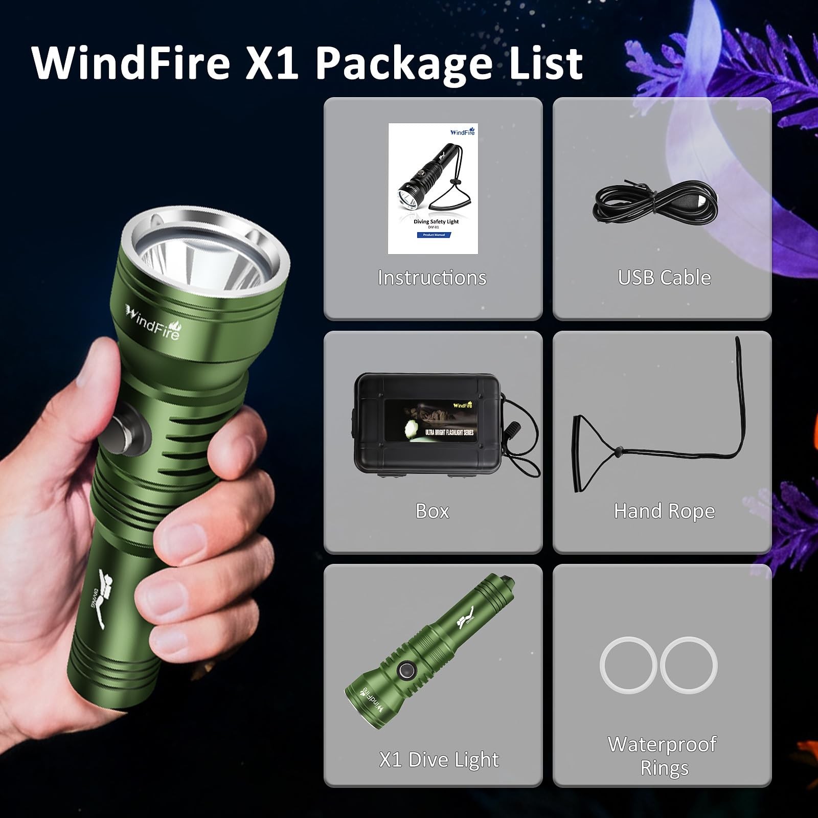 WINDFIRE Dive Light Scuba Diving Flashlight, IPX8 Waterproof 210 Feet Underwa...