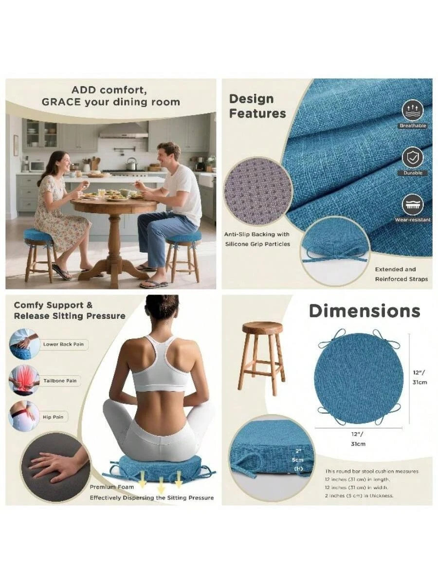 Round Bar Stool Cushions With Ties Set Of 1 Non Slip Cushions 12x12 Inch