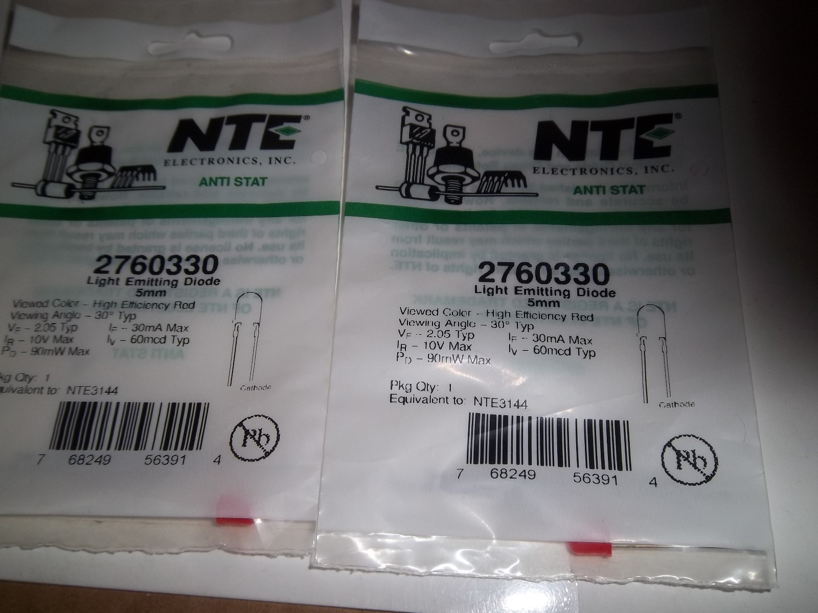 RadioShack 2760330  (lot-of-2) 120MCD Intensity 5 Millimeter RED LED