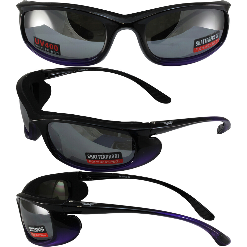 Womens Padded Wrap Around Motorcycle Sunglasses Purple Frame Flash Mirror Lens