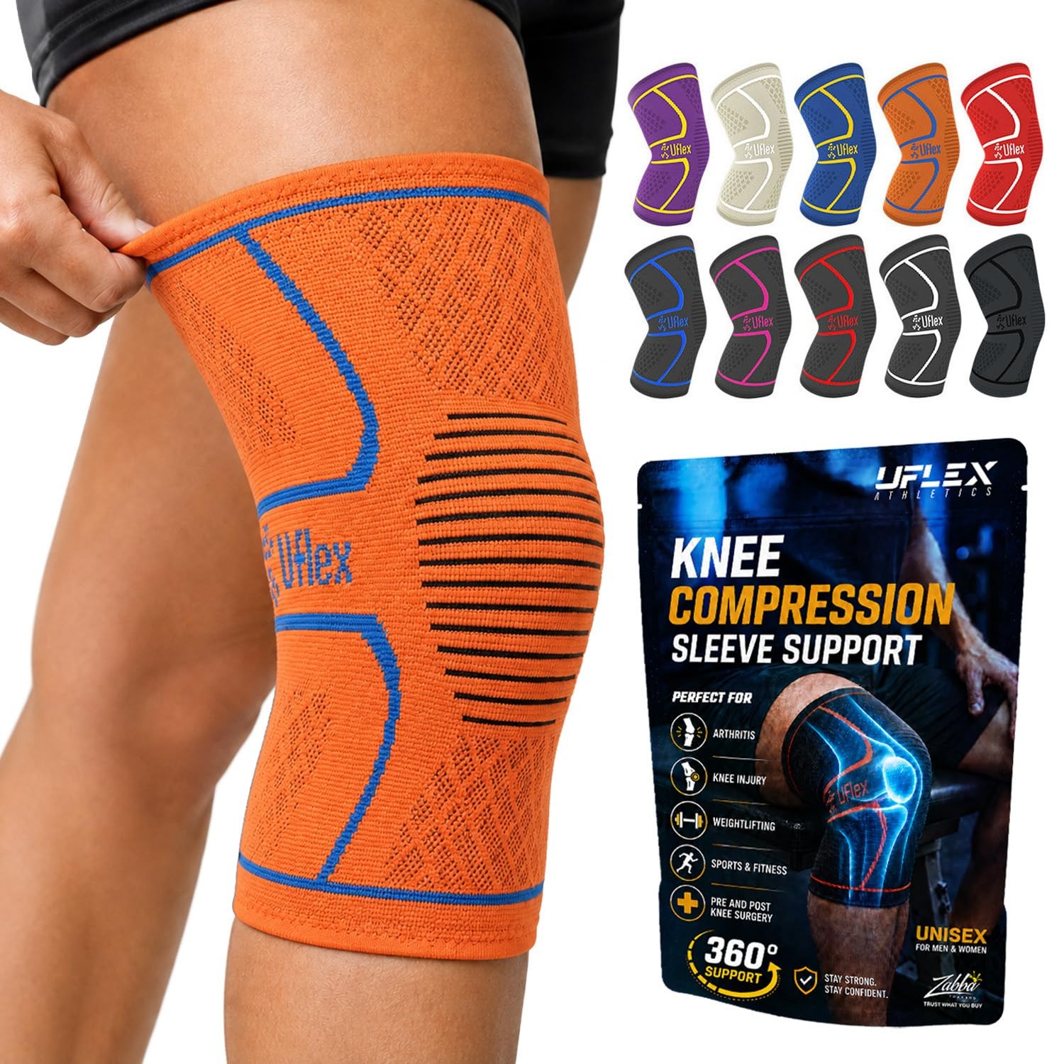 Knee Brace for Men and Women Compression Sleeve X-Large, Orange-Blue