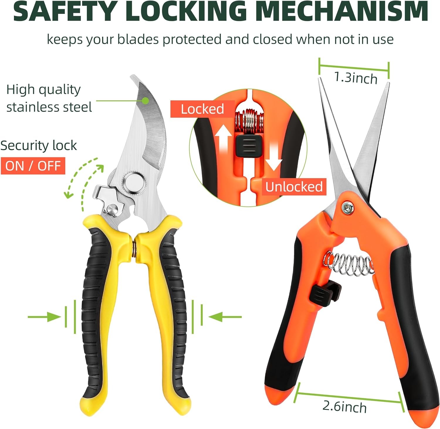 3-Pack Stainless Steel Pruning Shears, Snips Yellow, Orange, Black