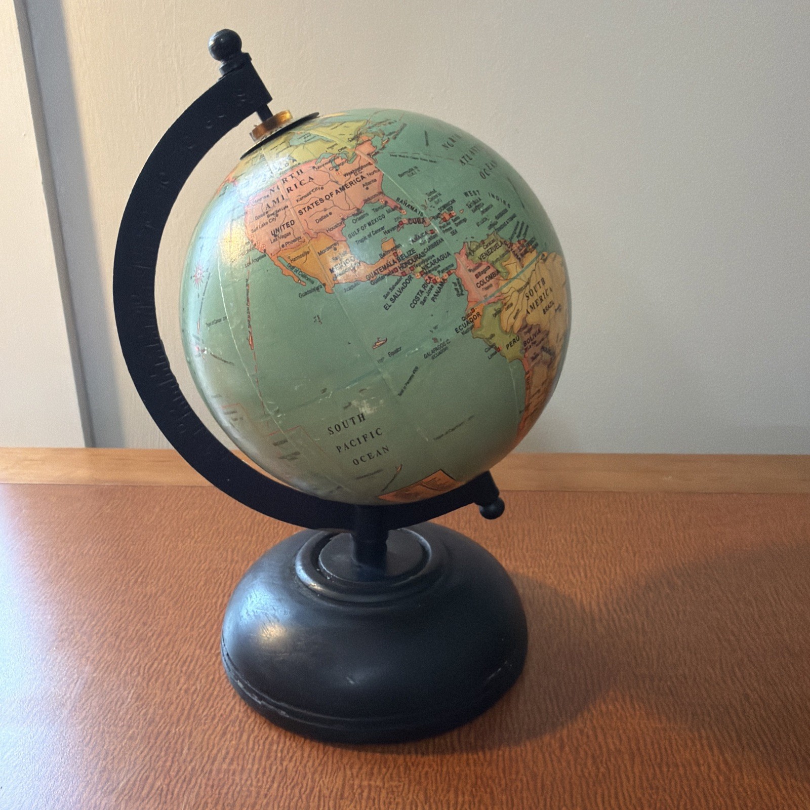 Vintage Style World Globe Rotating  8 1/2" Tall 6” Diameter Patina Desk Top