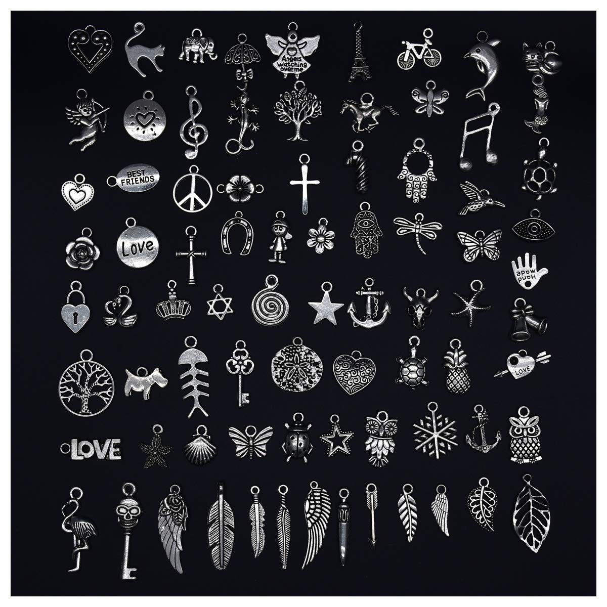 Zicdije Pack of 80 PCS Mix Antique Tibetan Silver Charms Mixed Sizes, silver