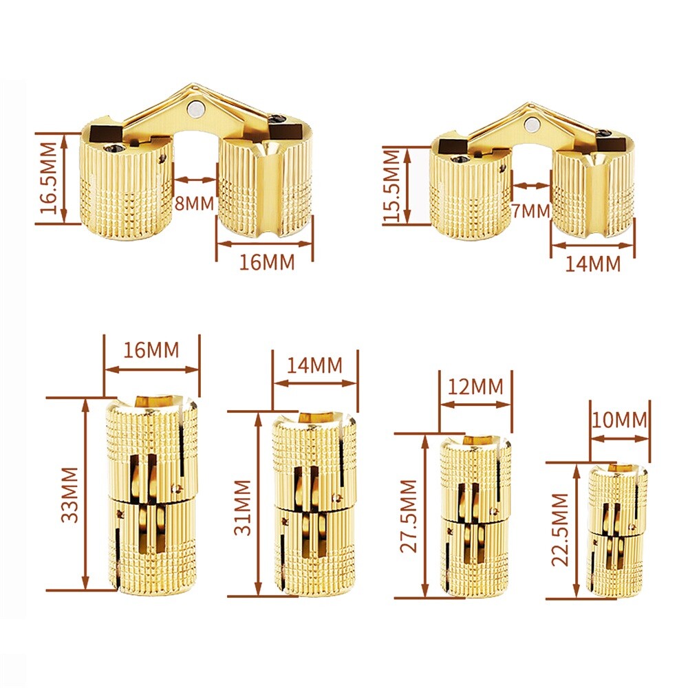 2pcs 8/10/12/14/16/18mm Brass Barrel Invisible Hinge Cabinet Furniture Hardware
