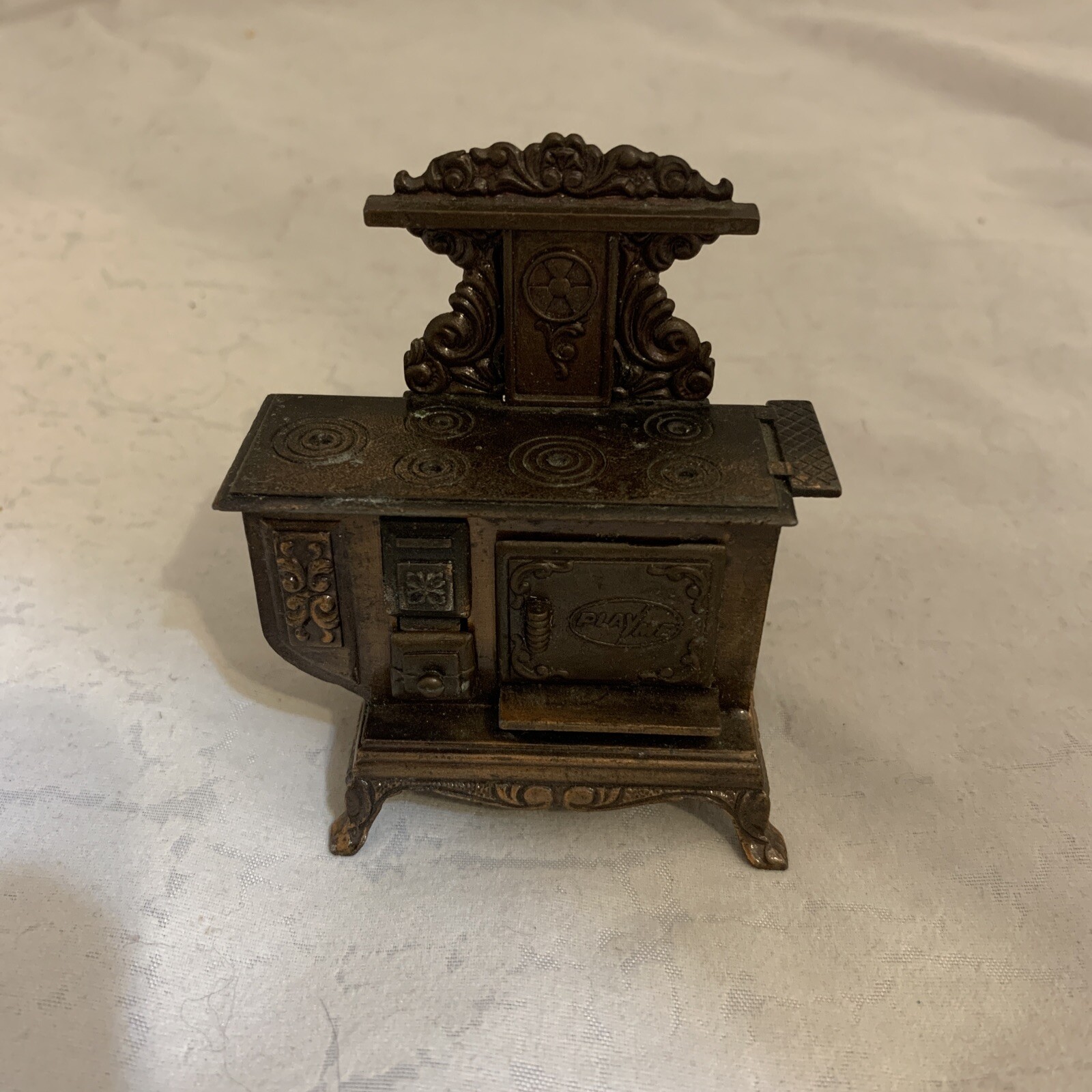 Vintage Play Me Miniature Stove Metal Pencil Sharpener Brass Wood Burning Stove