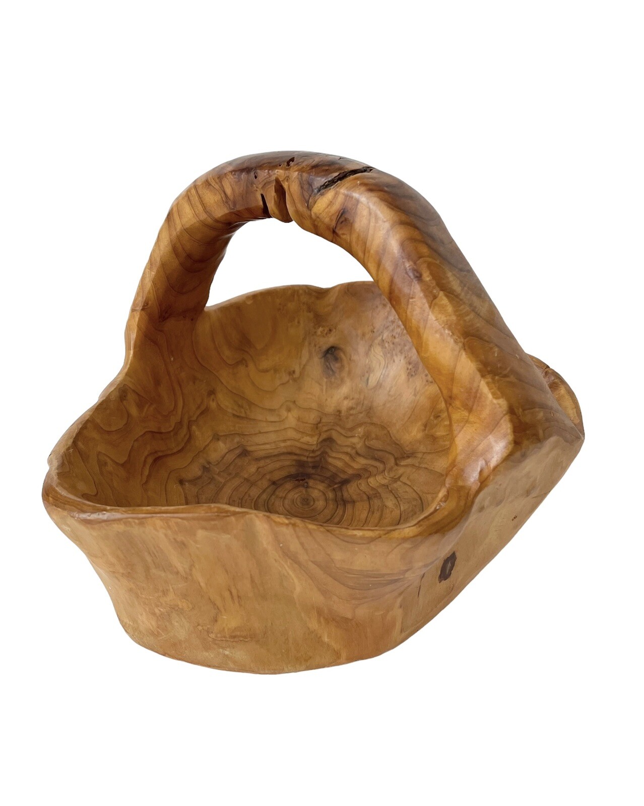 Burl Wood Hand Carved Basket Bowl With Handle Natural Knots 7x9 Farmhouse Boho