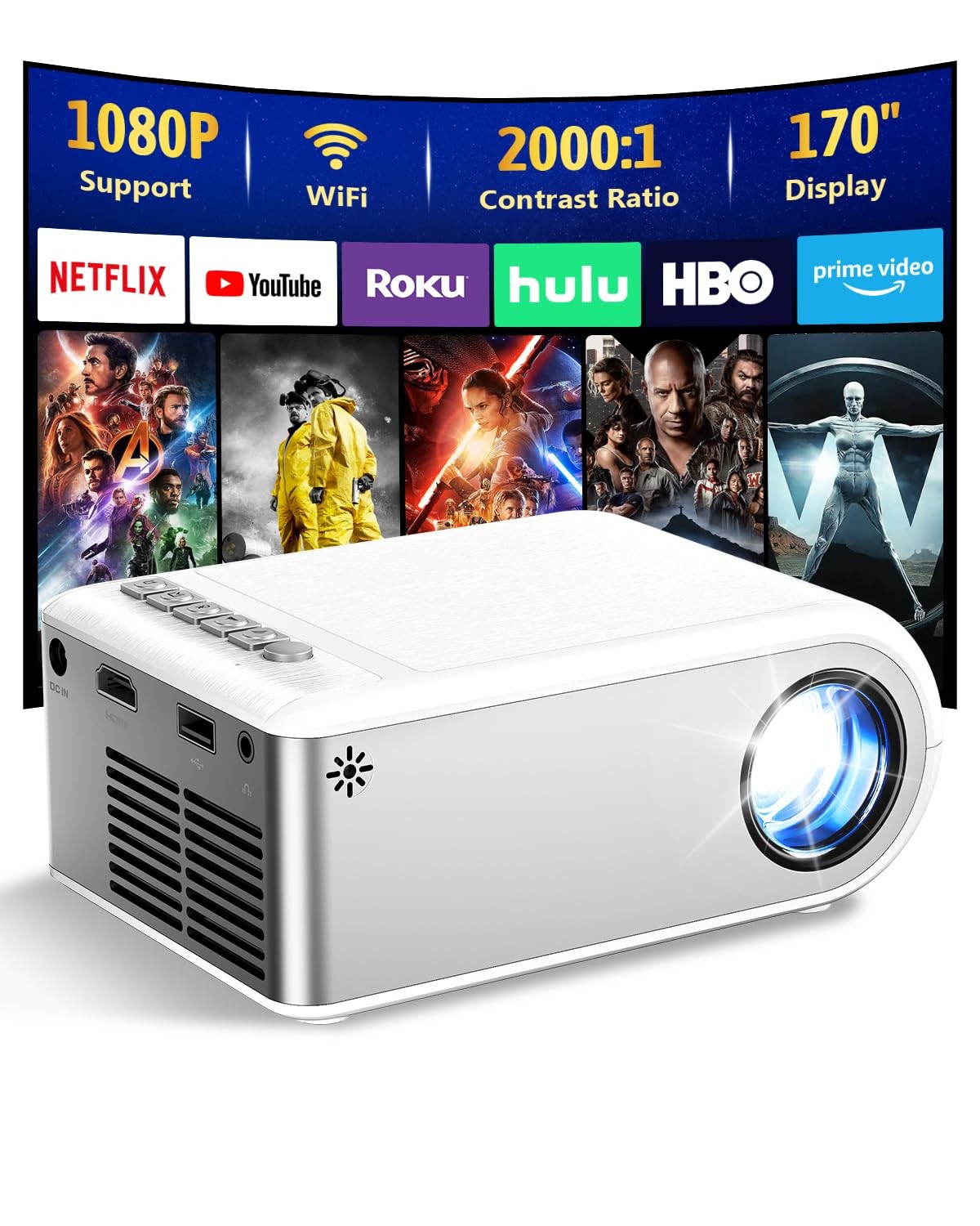 Miniproyector con WiFi y Bluetooth compatible con iOS/Android/PC/TV Stick/HDMI