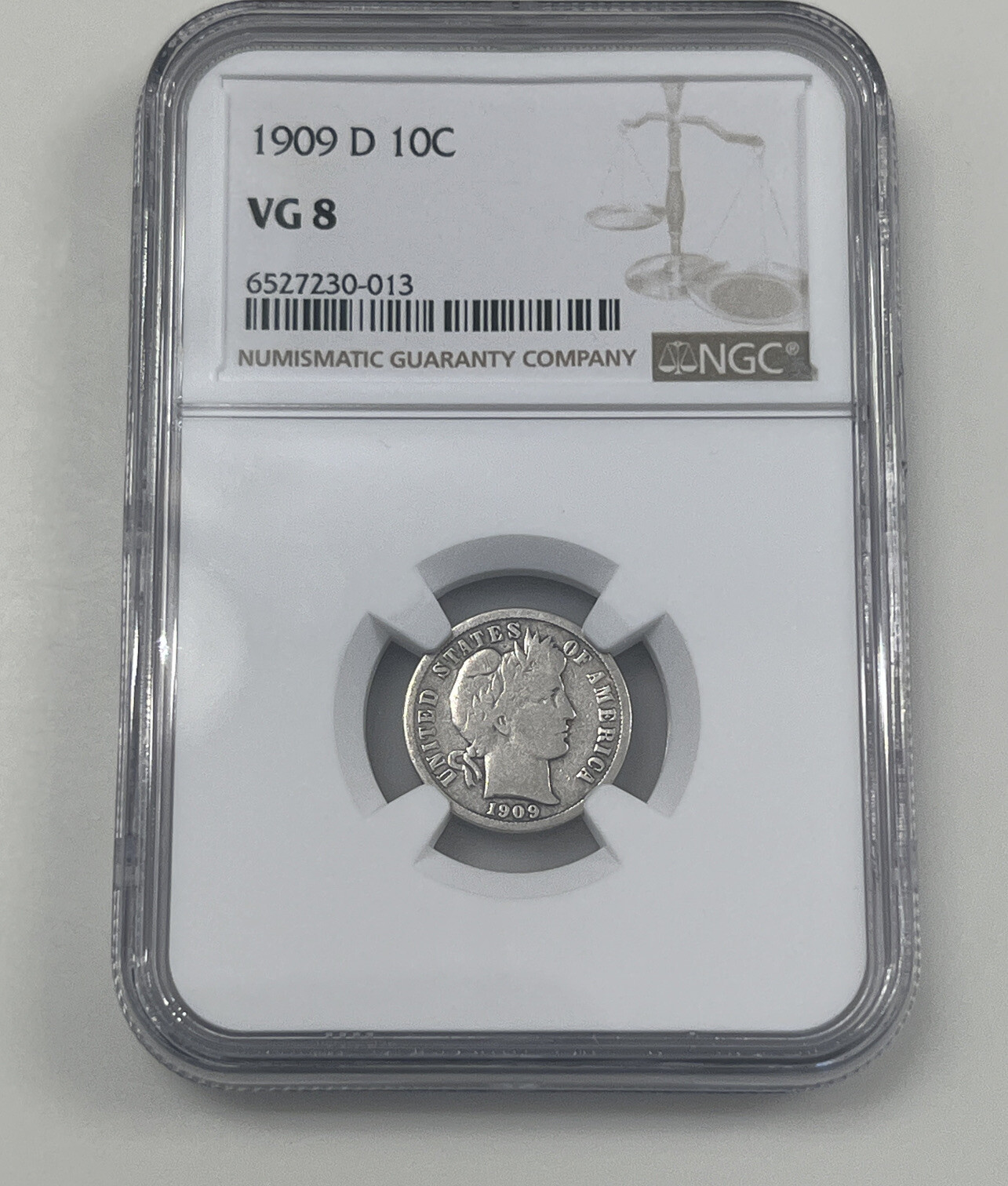 1909 D Barber Dime 10 C NGC Certified VG 8 US Silver Coin Population of 9 by NGC