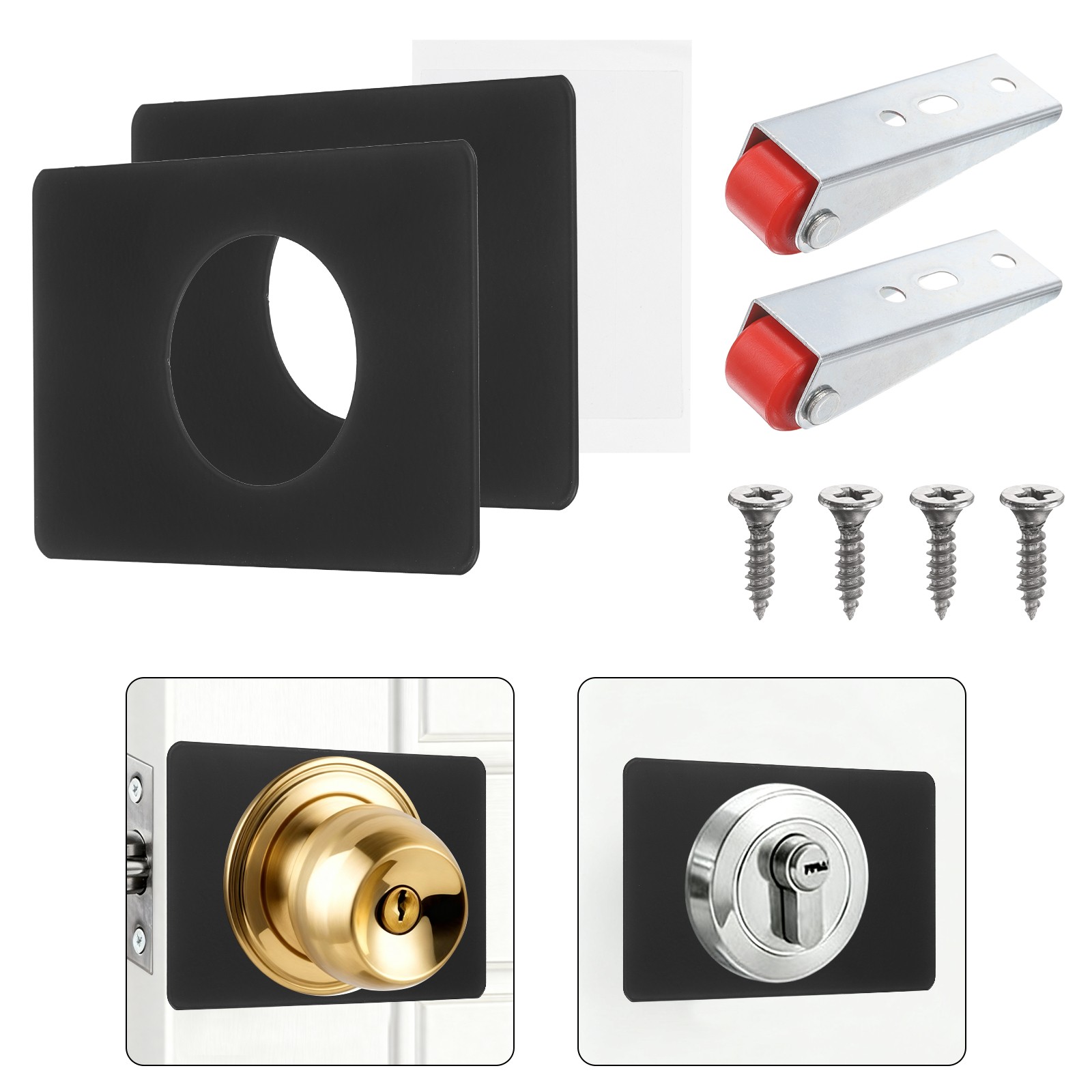 2Pcs Door Knob Plates Door Reinforcement Plate with Red Wheel, Black