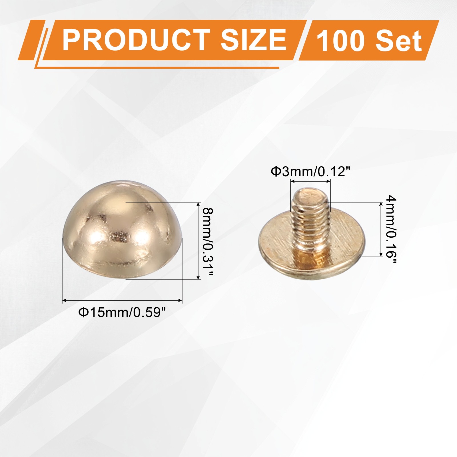 For 9/16\" Dome Studs, 100 Screw Nail Sets, Light Gold