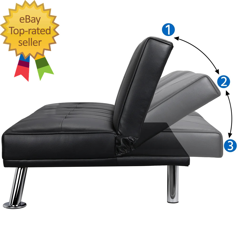 Luxurygoods Modern Faux Leather Futon with Cupholders and Pillows, Black