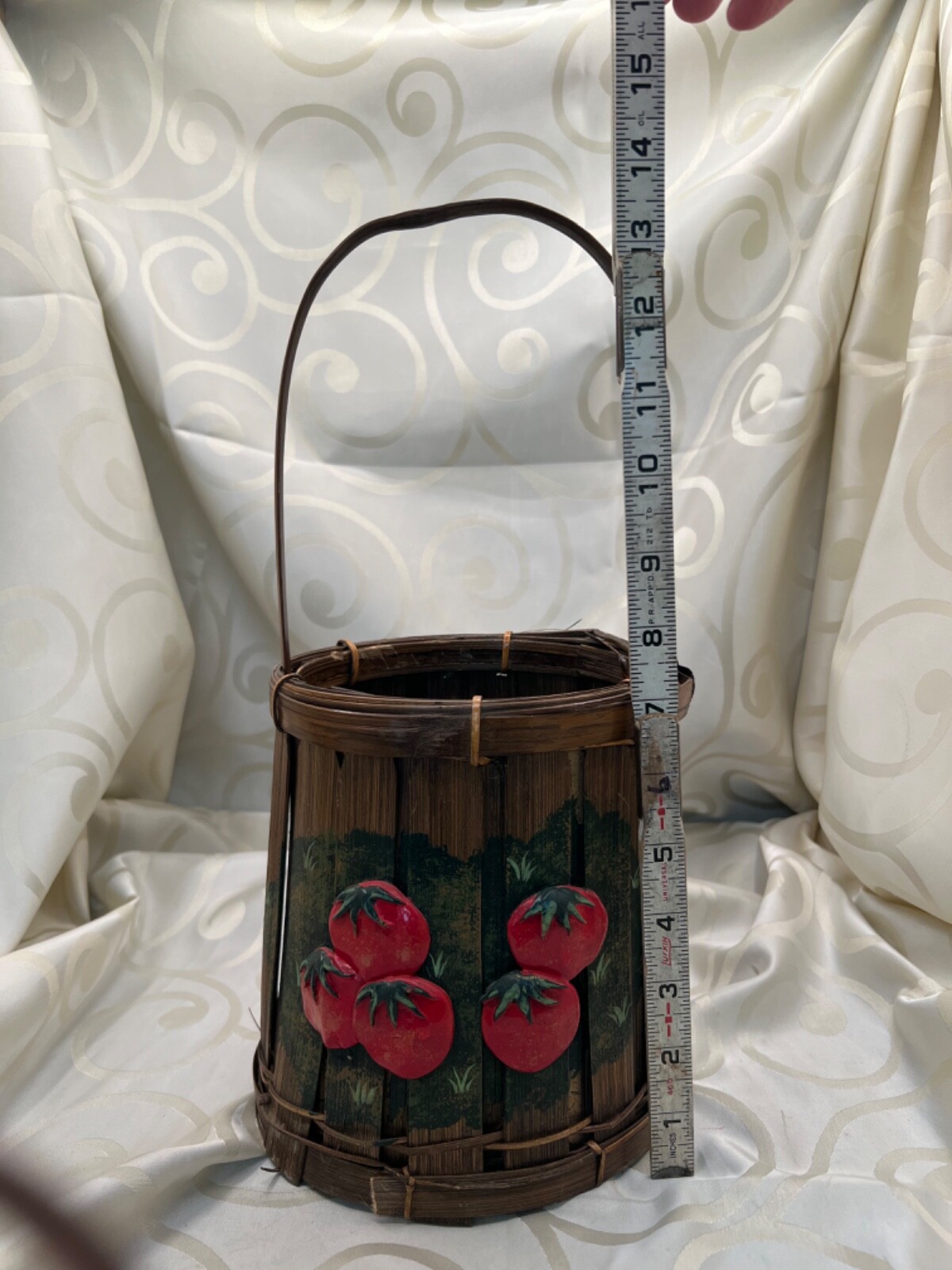 Vintage basket with tall handle hand painted tomatoes