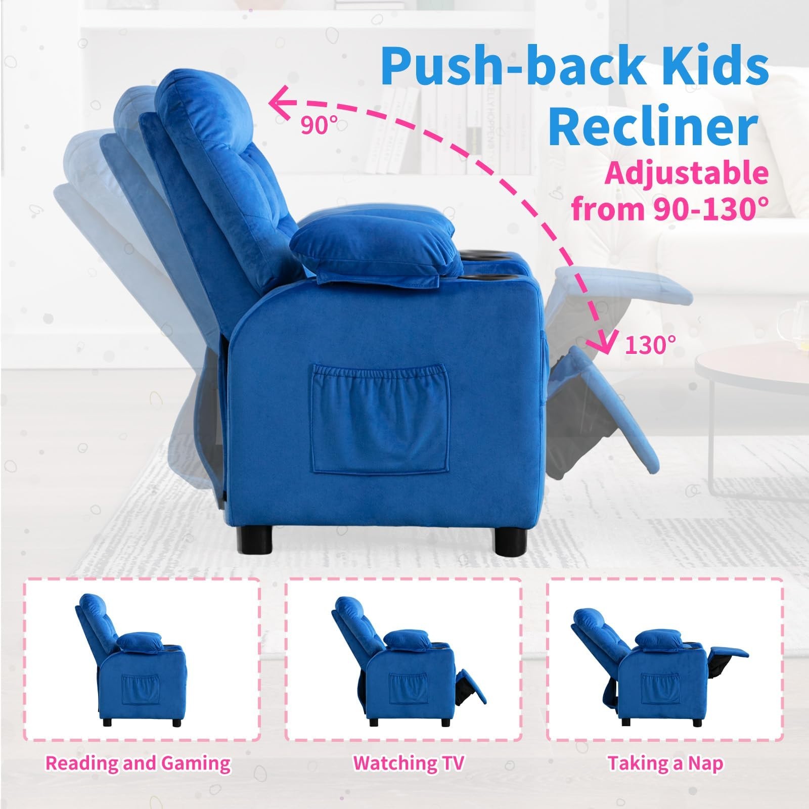 Kids Youth Recliner Chair Adjustabl Velvet Fabric Sofa w/Cup Holder &Side Pocket