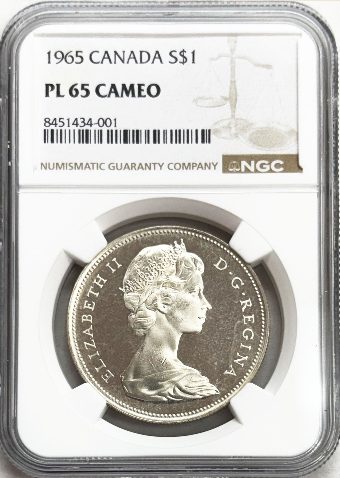 1965 SILVER CANADA $1 DOLLAR LARGE BEADS COIN NGC PL 65 CAMEO TYPE 3