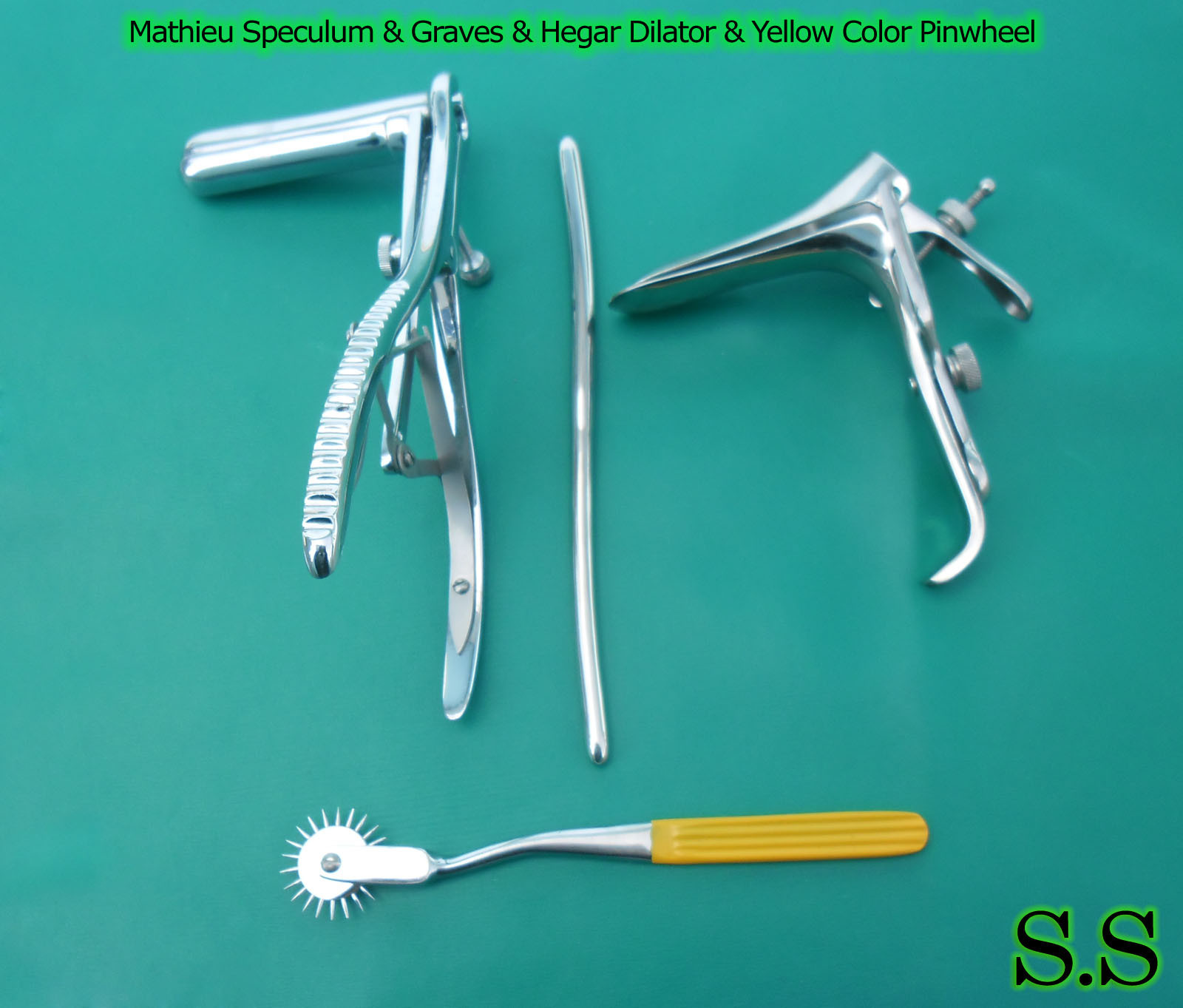 Mathieu Speculum Hegar Dilator Yellow Pinwheel & Graves Speculum Small