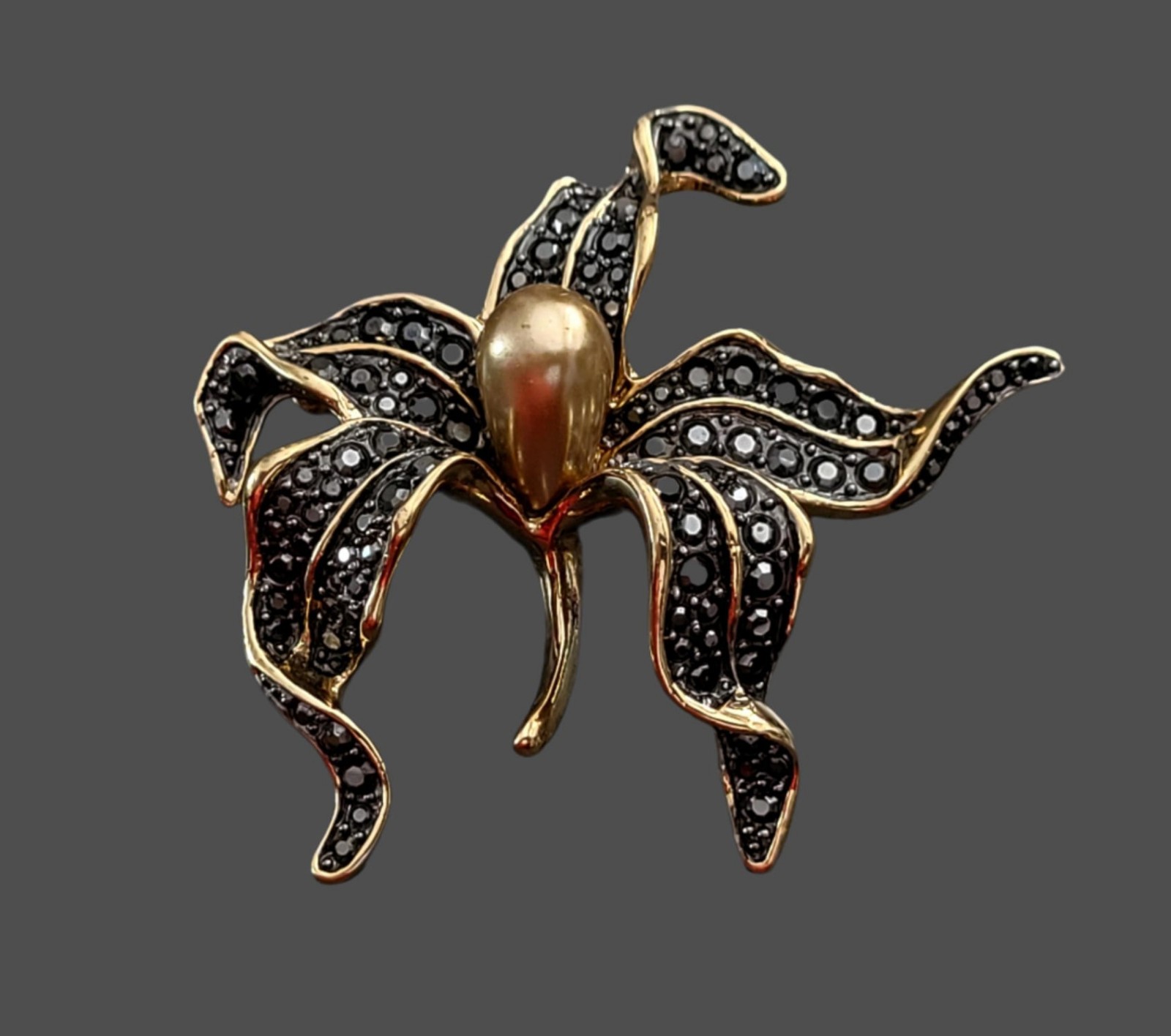 Vintage Kenneth Jay Lane Orchid Brooch, Faux Pearl & Black Crystals