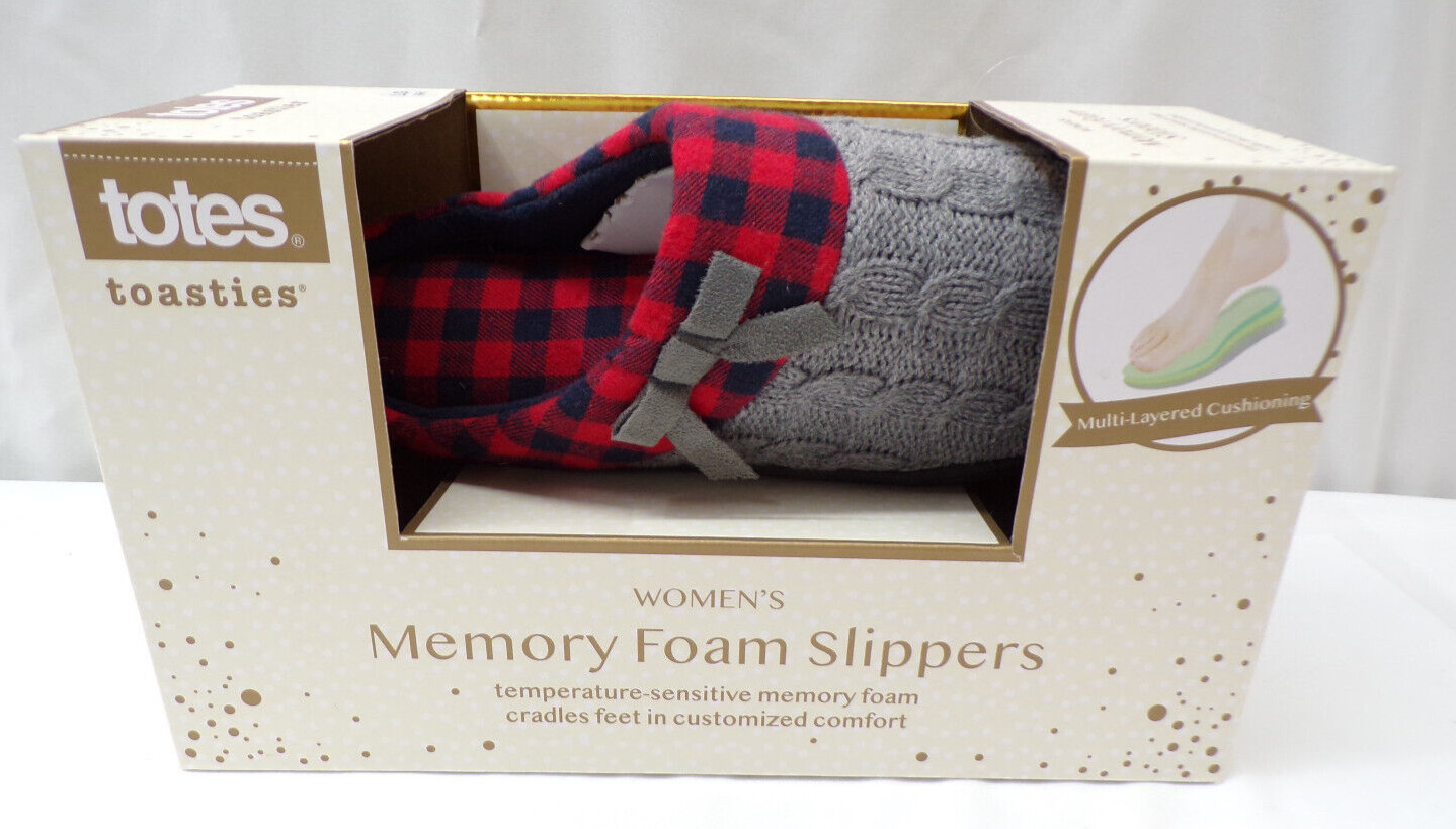 Totes Toasties Memory Foam Slippers Women Sz L 8-9 Winter Slip-On Gray/Red New