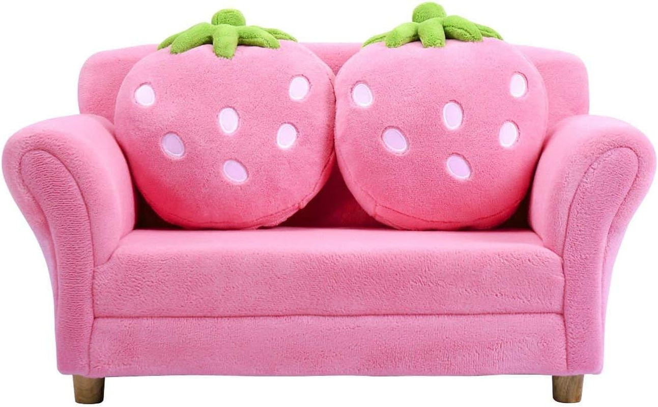 Kids Couch, Double Seat Pink Children'S Sofa with 2 Strawberry Pillows, Toddler