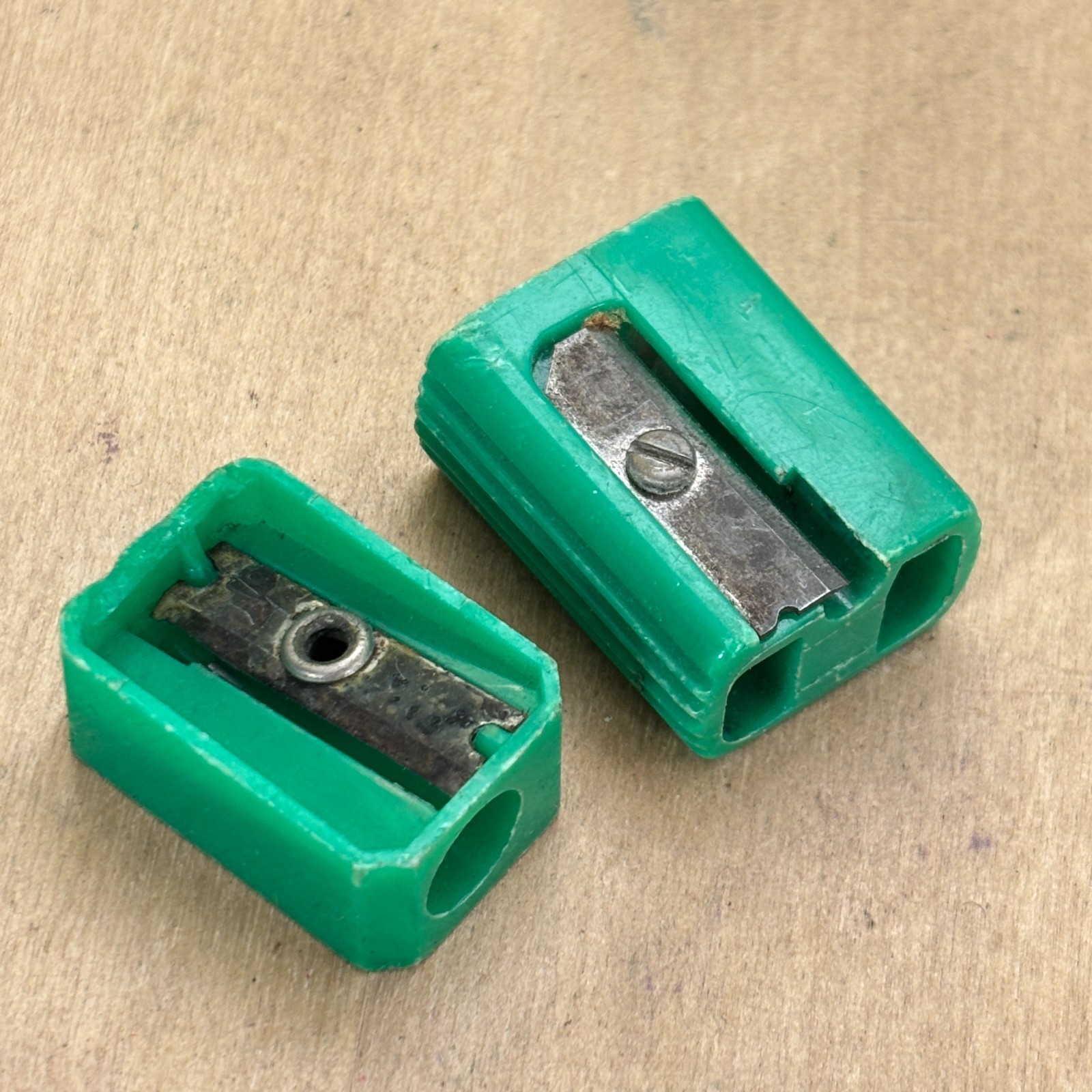 2 Vintage Green Plastic Pencil Sharpeners, Arant Zip and Other