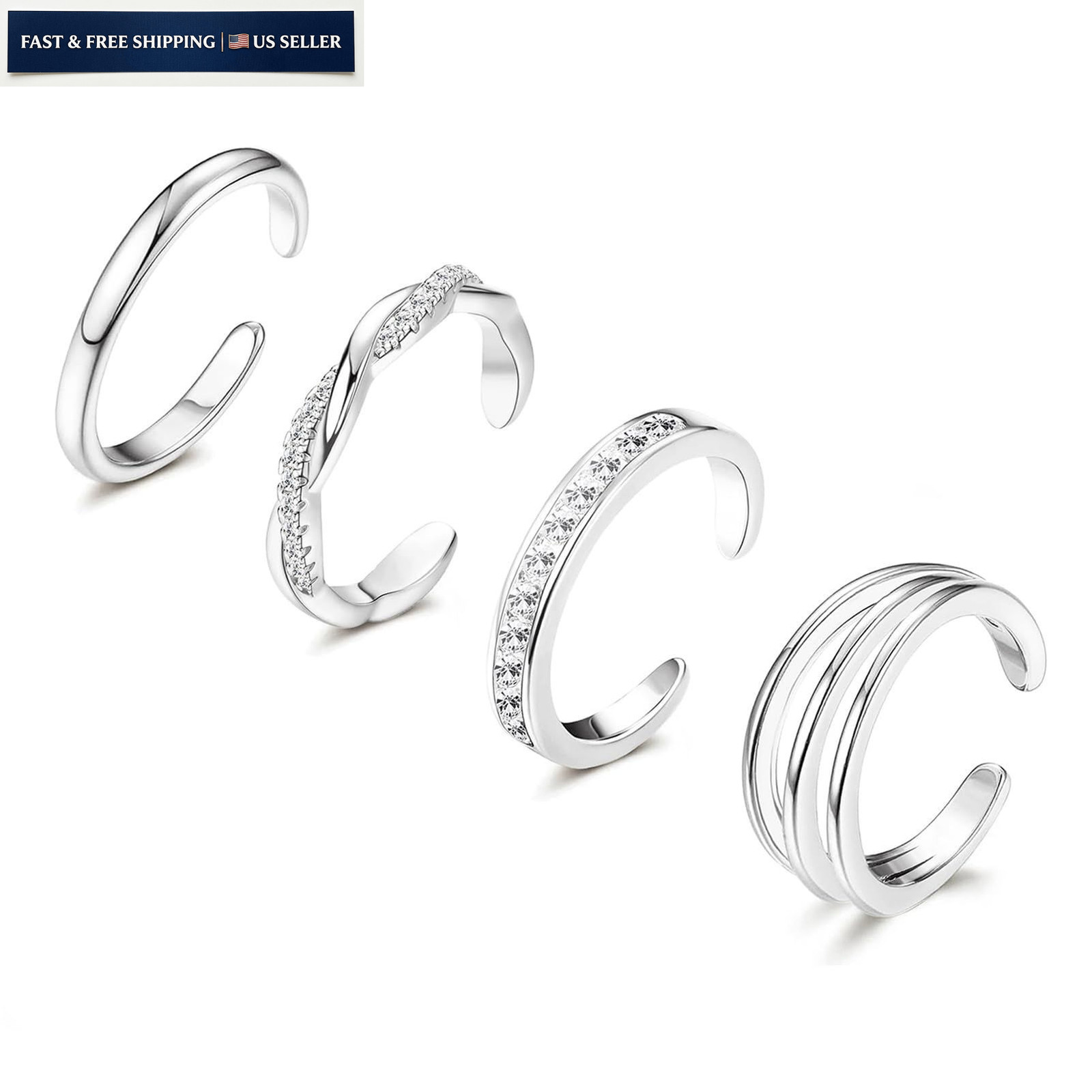 Xozeu 4PCS 14K Gold Filled Toe Rings, White Plated Adjustable, Silver