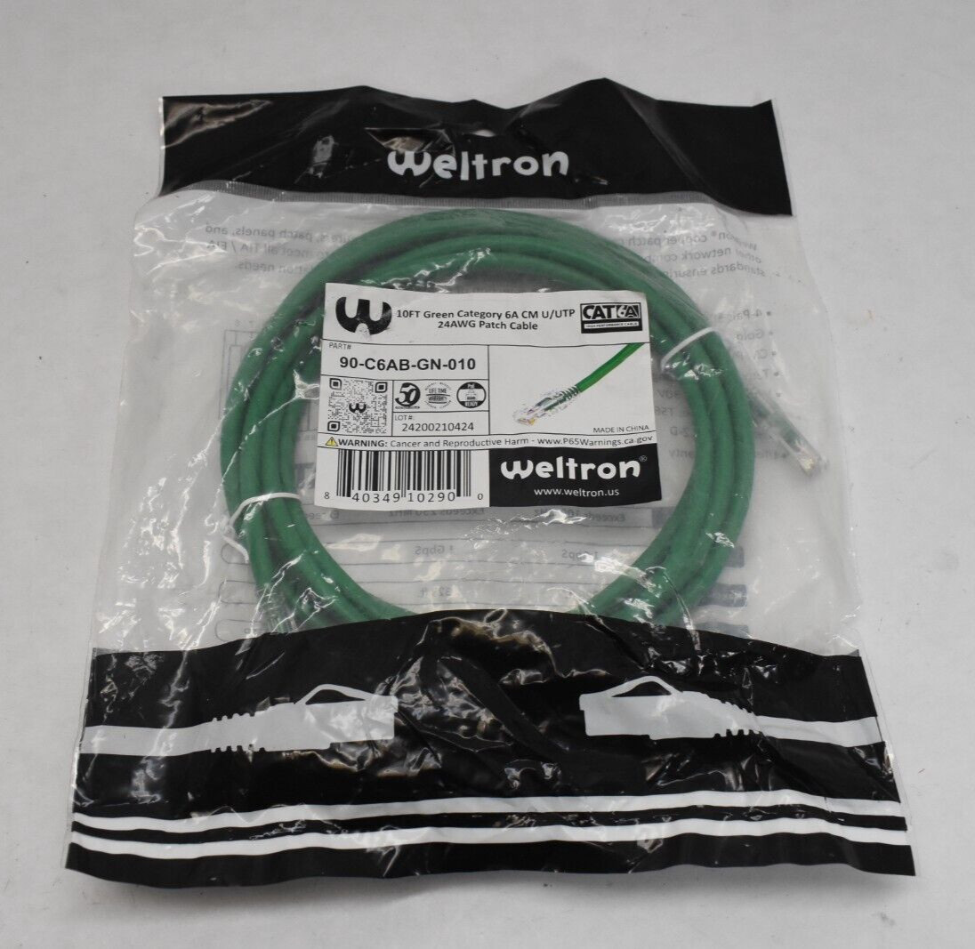 Weltron 10 ft Green Category 6A CM U/UTP 24AWG Patch Cable 90-C6AB-GN-010