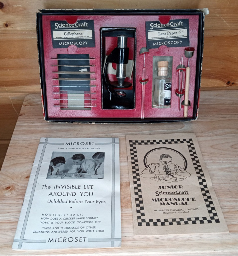 Vintage 1950s ScienceCraft Microscope Set No. 300 Complete Microscopy Kit w/ Man